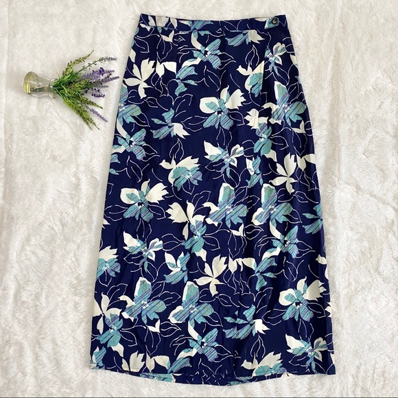 Vintage Navy Floral Fitted Maxi Skirt 12 14 main image 1